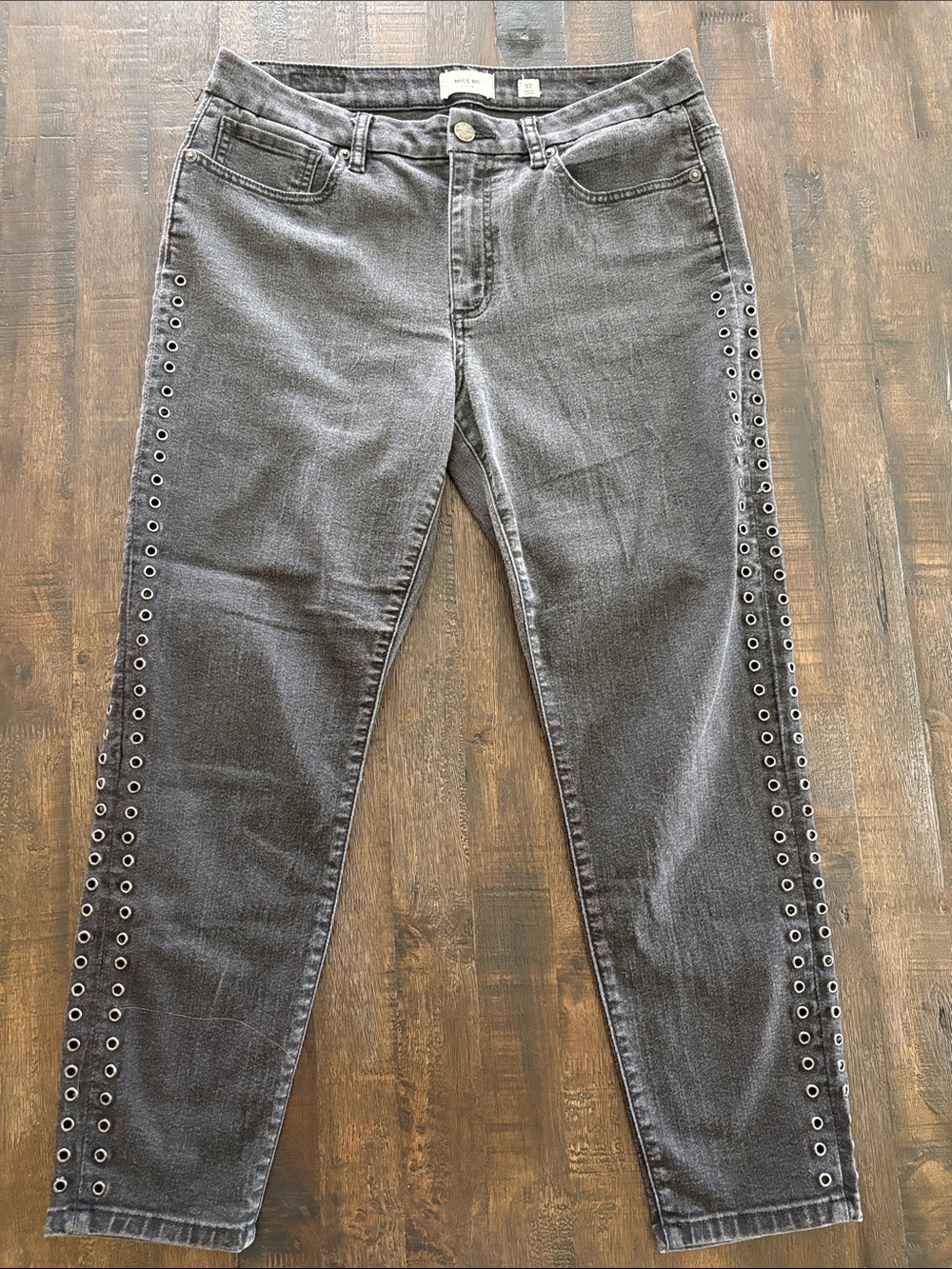 Miss Me Gray Skinny Jeans with Silver Eyelet Trim